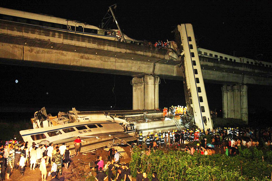 On July 23, 2011, a high-speed train rammed into a stalled train near the city of Wenzhou in Zhejiang Province, leaving 40 dead and 191 injured.