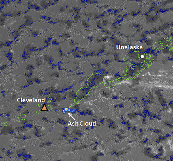 A drifting ash cloud from a small eruption of Cleveland Volcano is pictured in this annotated NOAA satellite image taken December 29, 2011. The ash cloud is the yellow and orange feature located on the southwest tip of Umnak Island. The brief explosive eruption began at around 4:15 AM AST, and the cloud had drifted 35 miles to the east at an altitude of about 15,000 above sea level by the time is was observed in this satellite image. [Photo/Agencies] 