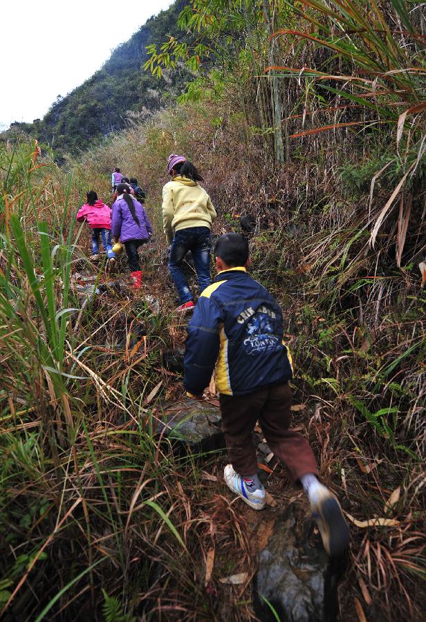 Children walk along the mountain road on their way to school at Minxin Village of Mashan County in southwest China's Guangxi Zhuang Autonomous Region, Jan. 6, 2012. Every day, they have to leave home very early in the morning and climb over hills for hours to go to school. 