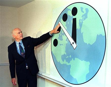 The symbolic Doomsday Clock calculated by a group of scientists was moved a minute closer to midnight on Tuesday. [Agencies]