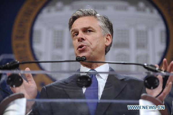 U.S. Republican Presidential Candidate Jon Huntsman delivers a speech during the 2012 Republican Presidential Candidates Forum hosted by Republican Jewish Coalition in Washington D.C., capital of the United States, Dec. 7, 2011. [Zhang Jun/Xinhua] 