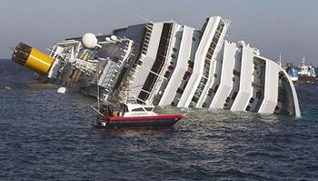 The Costa Concordia struck a rock, left, on the island of Giglio, January 13, 2012. [Italian Ministry of the Environment]