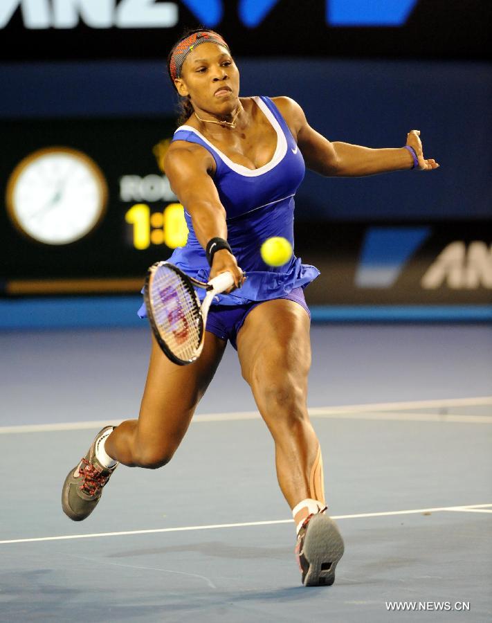 Serena Williams of the U.S hits a return to Tamira Paszek of Austria during their women's singles tennis match at the 2012 Australian Open tennis tournament in Melbourne, Australia on Jan. 17, 2012. Serena Williams won 2-0.