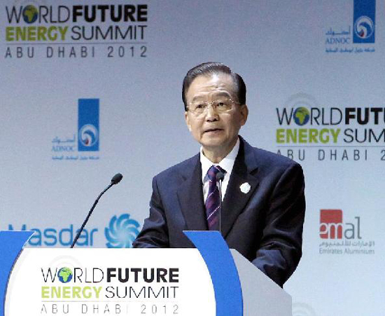 Chinese Premier Wen Jiabao addresses the opening ceremony of the fifth World Future Energy Summit in Abu Dhabi, the United Arab Emirates, Jan. 16, 2012. 