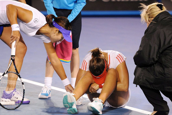 At the Australian Open in Melbourne on Jan. 20, 2012, China's Li Na was leading 2-0 in the first set and on her serve in the third game when Spaniard Anabel Medina Garrigues sprained her ankle after returning a ball. 