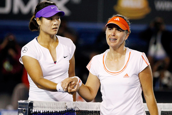 At the Australian Open in Melbourne on Jan. 20, 2012, China's Li Na was leading 2-0 in the first set and on her serve in the third game when Spaniard Anabel Medina Garrigues sprained her ankle after returning a ball. 