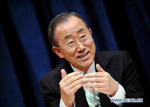United Nations Secretary General Ban Ki-Moon speaks during his first press conference since he began his second five-year terms on Jan. 1. at the UN Headquarters in New York, the United States, Jan 25, 2012. [Xinhua/Shen Hong]