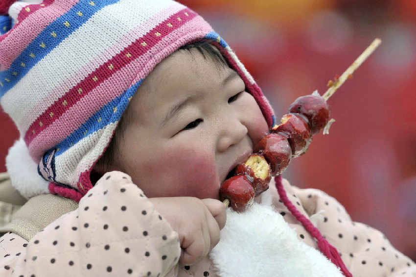 Of all the Chinese festivals, Chinese New Year is for kids of all ages the most loved and anticipated. A baby enjoys candied haw (Bingtang Hulu) at a temple fair in Guiyang city, capital of Guizhou Province.