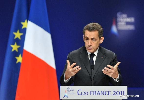 French President Nicolas Sarkozy addresses a press conference on the first day of the G20 summit in Cannes, France, Nov. 3, 2011.[Xinhua]