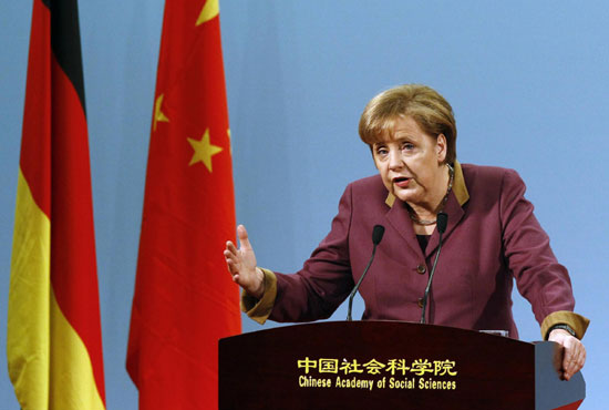 German Chancellor Angela Merkel delivers a speech at the Chinese Academy of Social Sciences in Beijing Feb 2, 2012.[Agencies] 