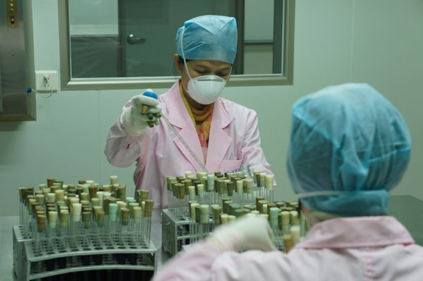 Monitors at the Liuzhou disease prevention and control center examine water samples from various parts of the city on Wednesday. The monitors take samples every few hours to ensure tap water supply to city residents. [China Daily] 