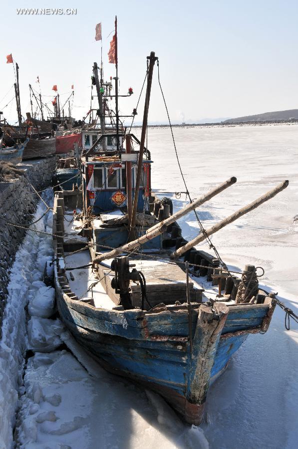 Fishing boats are frozen in ice on the Jinzhou Bay of Bohai Sea in Dalian, northeast China's Liaoning Province, Feb. 1, 2012. The National Marine Environmental Forecasting Center issued a sea ice blue alert recently. [Xinhua] 