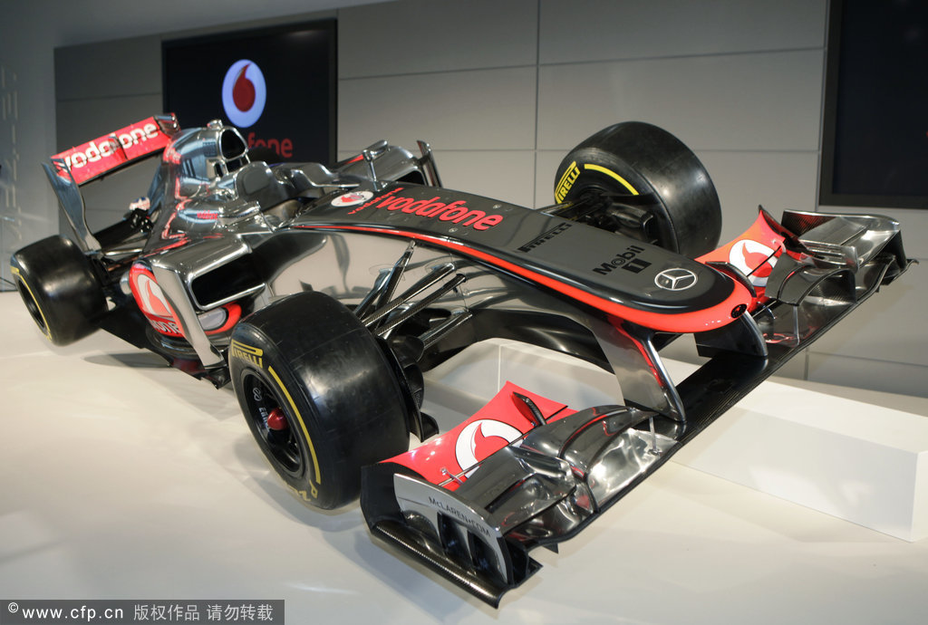 A view of the MP4-27, the newly-unveiled Vodafone Mclaren Mercedes Formula One car for the 2012 season, during a photo-op prior to the launch near woking, England on Wednesday, Feb. 1, 2012.