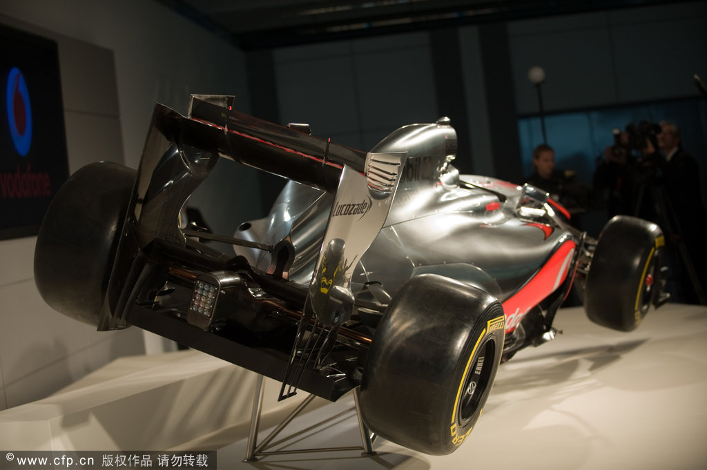 A view of the MP4-27, the newly-unveiled Vodafone Mclaren Mercedes Formula One car for the 2012 season, during a photo-op prior to the launch near woking, England on Wednesday, Feb. 1, 2012. 