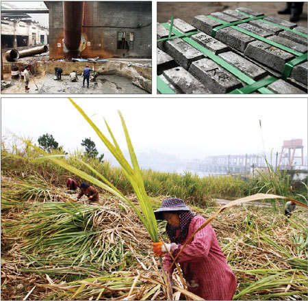 Clockwise from top: Workers at Jinhe Mining build a concrete channel from an area where mineral residue has been dumped to a new reclamation plant. These cadmium bricks at Jinhe weigh a ton. Farmers harvest sugar cane adjacent to Lalang hydroelectric station. Cadmium pollution in the river killed thousands of kilograms of fish farmed nearby. [China Daily] 