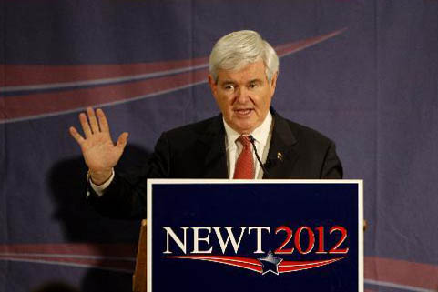 U.S. Republican presidential candidate, former House Speaker Newt Gingrich speaks during a campaign in Hudson, New Hampshire, the U.S., on Jan. 9, 2012. [Xinhua/Fang Zhe]