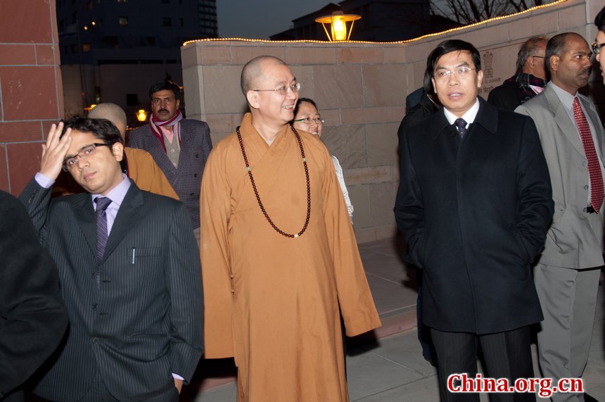 Representatives from Chinese Buddhism field attend the inauguration ceremony of the new Indian Embassy in Beijing on Feb. 8, 2012. [Chen Boyuan / China.org.cn]