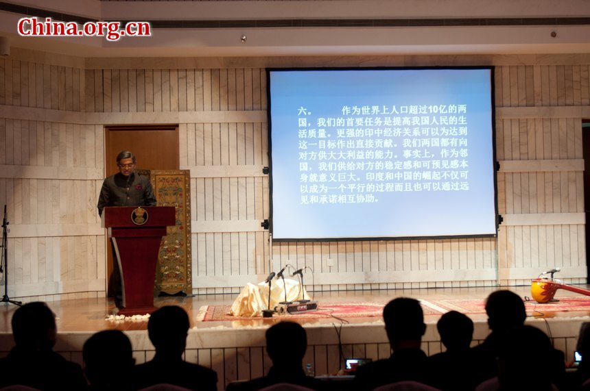 Indian External Affairs Minister Shri S.M Krishna delivers a speech marking the inauguration of the new Indian embassy building in Beijing, Feb. 8, 2012. [Chen Boyuan / China.org.cn]