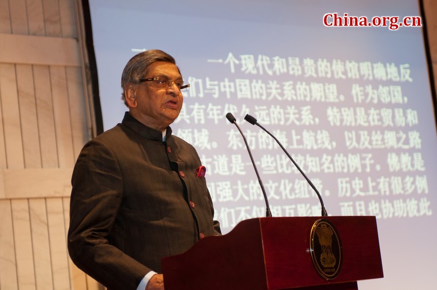 Indian External Affairs Minister Shri S.M Krishna delivers a speech marking the inauguration of the new Indian embassy building in Beijing, Feb. 8, 2012. [Chen Boyuan / China.org.cn]