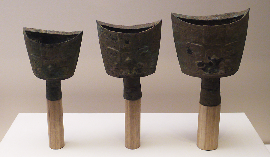 Set of Bronze Nao (percussion instrument), Late Shang Dynasty (c. 14th-11th centuries BC), unearthed from tomb of Fu Hao at Yinxu, Anyang, Henan Province, 1976. They are exhibited in the section of Exhibition on life, production in Xia, Shang and Western Zhou Dynasties, an exhibition of Ancient China in the National Museum of China. [Photo by Xu Lin / China.org.cn]