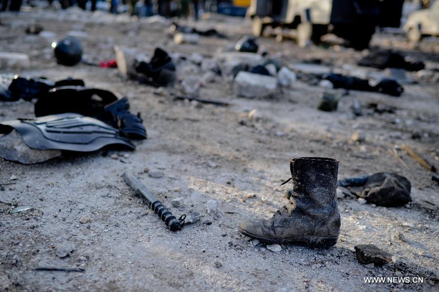 Photo taken on Feb. 10, 2012 shows the explosion site of a law-enforcement force in Hanano area in Aleppo, northern Syria. Twin deadly blasts caused by car bombs hit two sites of Syrian government forces in northern Aleppo province Friday, leaving 28 people killed and other 235 injured, said Syria's official media, blaming the attacks on armed groups backed by foreign plot.