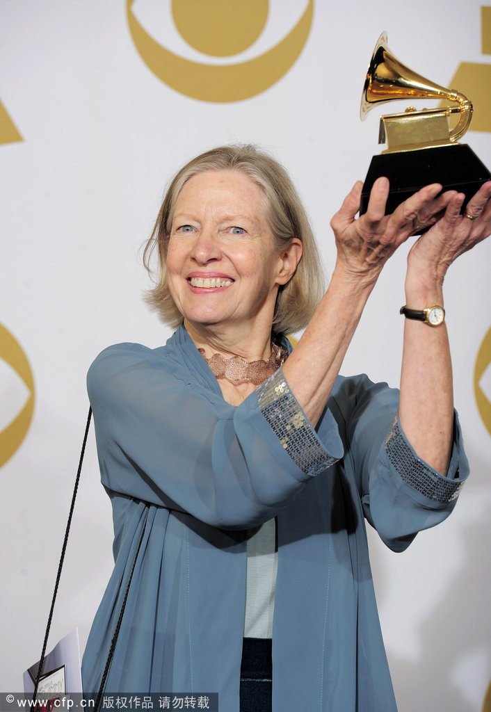 Judith Sherman poses backstage with the award for producer of the year, classical at the 54th annual Grammy Awards on Sunday, Feb. 12, 2012 in Los Angeles.