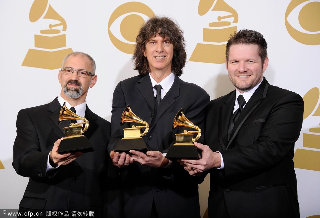 (L-R) Neal Capellino, Mike Shipley and Brad Blackwood, winners of the Grammy for Best Engineered Album, Non-Classical in 'Paper Airplane', pose in the press room at the 54th Annual GRAMMY Awards at Staples Center on February 12, 2012 in Los Angeles, California.