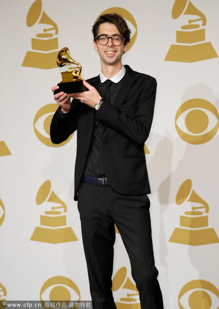 Sam Okell, winner of the Grammy for Best Historical Album 'Band On The Run', poses in the press room at the 54th annual Grammy Awards at Staples Center on February 12, 2012 in Los Angeles, California.