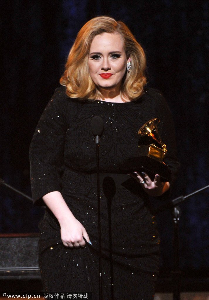 Singer Adele accepts the Best Pop Solo Performance Aweard for 'Someone Like You' onstage at the 54th Annual GRAMMY Awards held at Staples Center on February 12, 2012 in Los Angeles, California. 