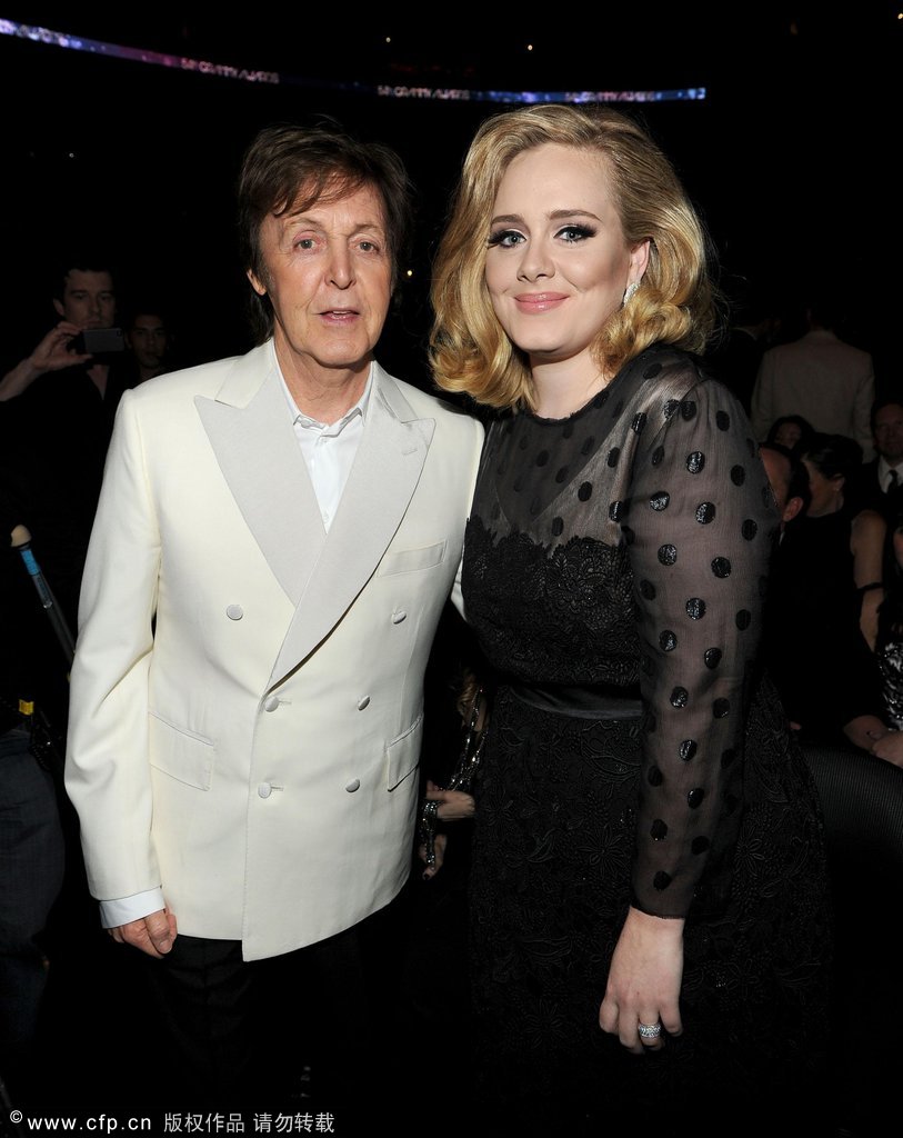 Musician Sir Paul McCartney (L) and singer Adele attend the 54th Annual Grammy Awards held at Staples Center on Feb. 12, 2012 in Los Angeles, California.