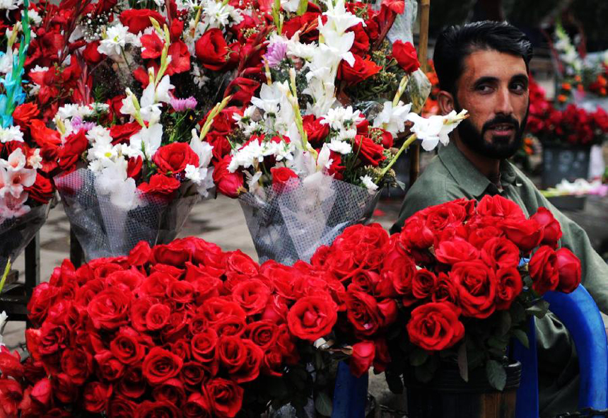 A vendor sells red roses in a street in southern Pakistani port city of Karachi on Feb. 13, the eve of Valentine's Day. [Xinhua photo]