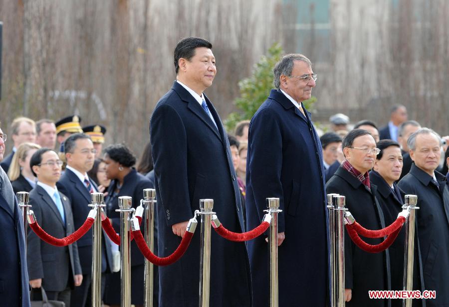 Chinese Vice President Xi Jinping (L, Front) attends a welcoming ceremony given by U.S. Secretary of Defense Leon E. Panetta (R, Front) at the Pentagon in Washington, the United States, Feb. 14, 2012. Xie Huanchi/Xinhua] 