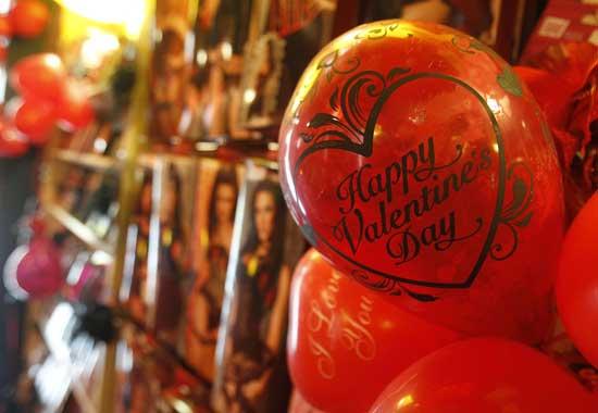 Valentine's Day decorations are seen at a sex shop in Warsaw February 13, 2012.