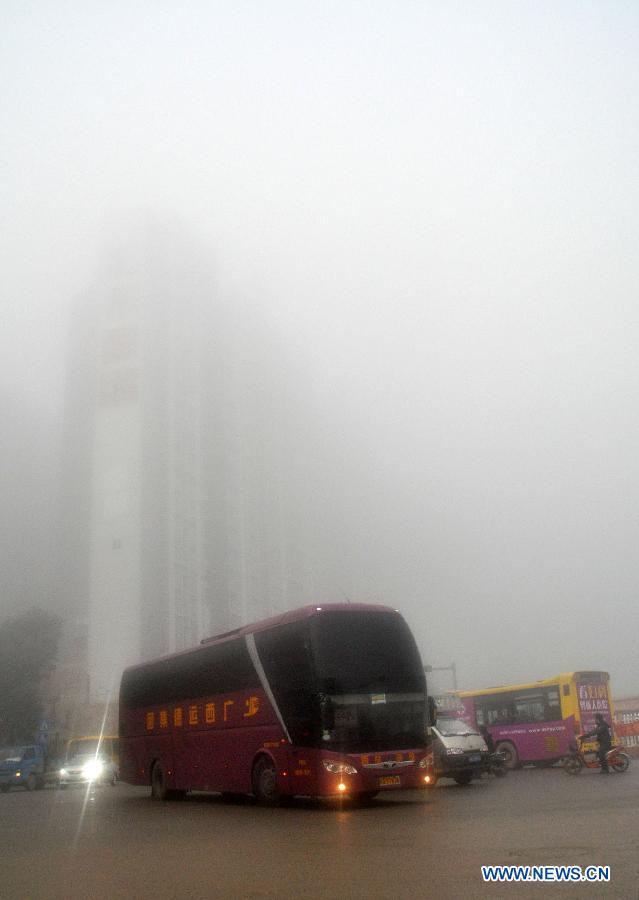 Vehicles move on fog-enveloped road in Nanning, capital of south China's Guangxi Zhuang Autonomous Region, Feb. 15, 2012. The heavy fog has delayed many flights in the city. 