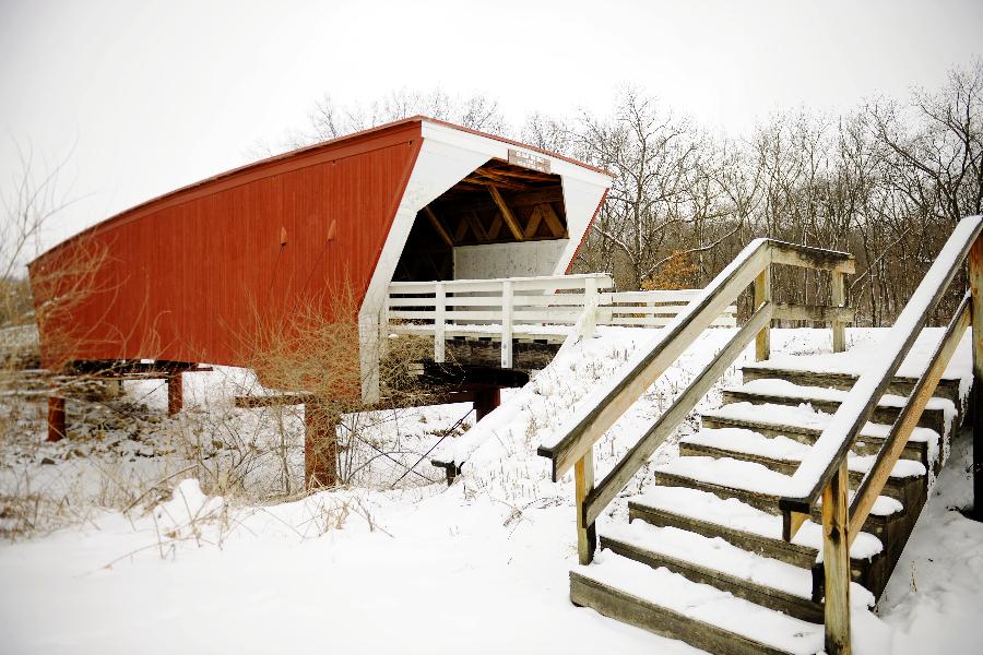 Roseman Covered Bridge covered snow in Winterset, Iowa, U.S.