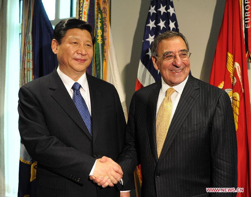 Chinese Vice President Xi Jinping (L) meets with U.S. Secretary of Defense Leon E. Panetta at the Pentagon in Washington, the United States, Feb. 14, 2012. 