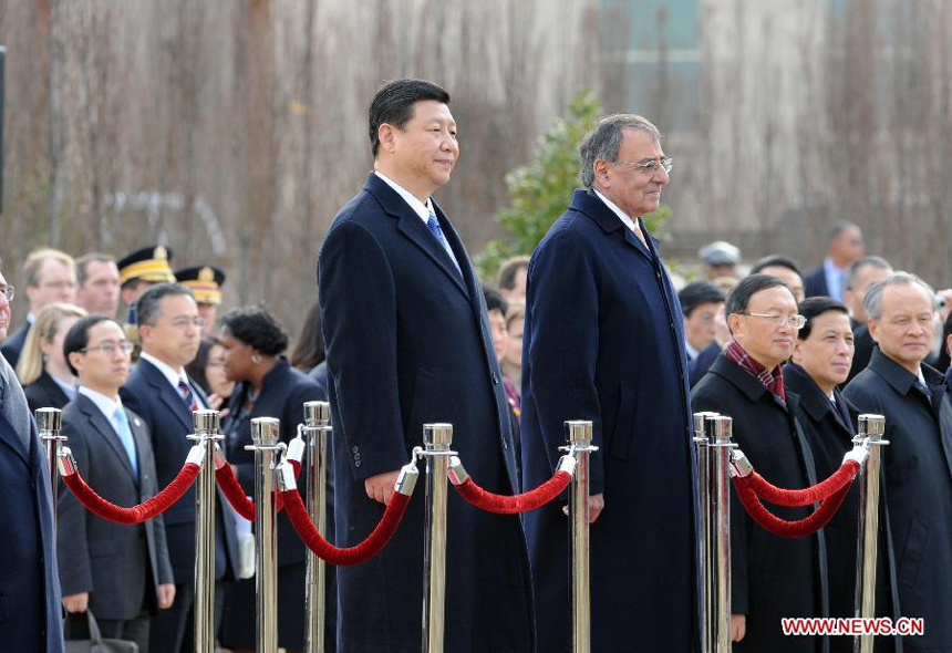 Chinese Vice President Xi Jinping (L, Front) attends a welcoming ceremony given by U.S. Secretary of Defense Leon E. Panetta (R, Front) at the Pentagon in Washington, the United States, Feb. 14, 2012. 