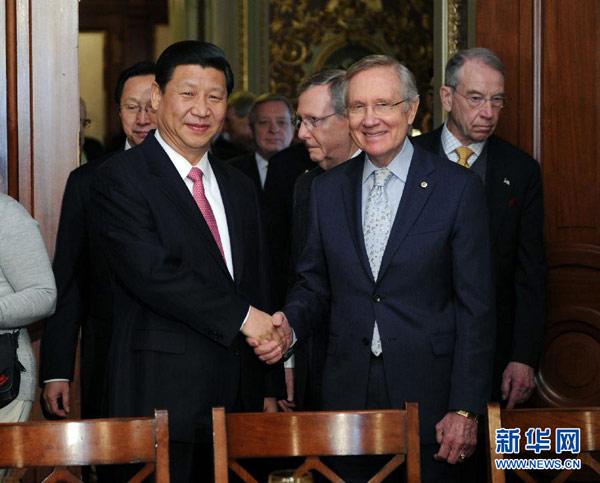 Chinese Vice President Xi Jinping meets with U.S. Senate Majority Leader Harry Reid in Washington, Feb. 15, 2012. 