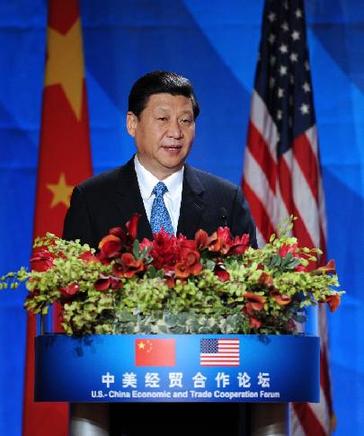 Chinese Vice President Xi Jinping delivers a speech during the opening of the U.S.-China Economic and Trade Cooperation Forum in Los Angeles, the United States, Feb. 17, 2012. [Xinhua] 