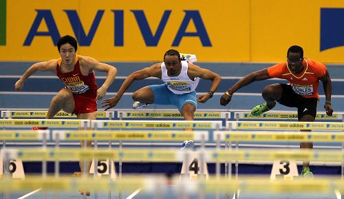 China's Liu Xiang (L) overtakes arch rival Dayron Robles (R) of Cuba to win the men's 60m hurdles final during the Birmingham indoor tournament February 18, 2012.[Photo/Xinhua]