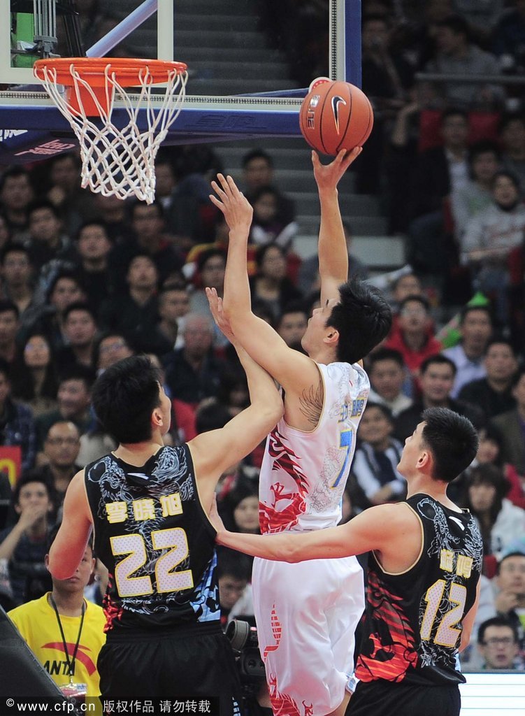 Wang Zhizhi goes up for a basket against Li Xiaoxu during the first half of CBA All-Star Game on February 19, 2012.