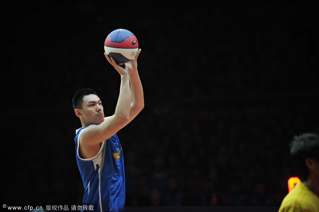 Zhu Yanxi of Beijing Ducks competes at the three-point shootout contest during the CBA All-Star Weekend on February 19, 2012.