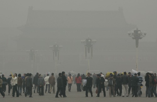 Beijing shrouded in heavy fog.