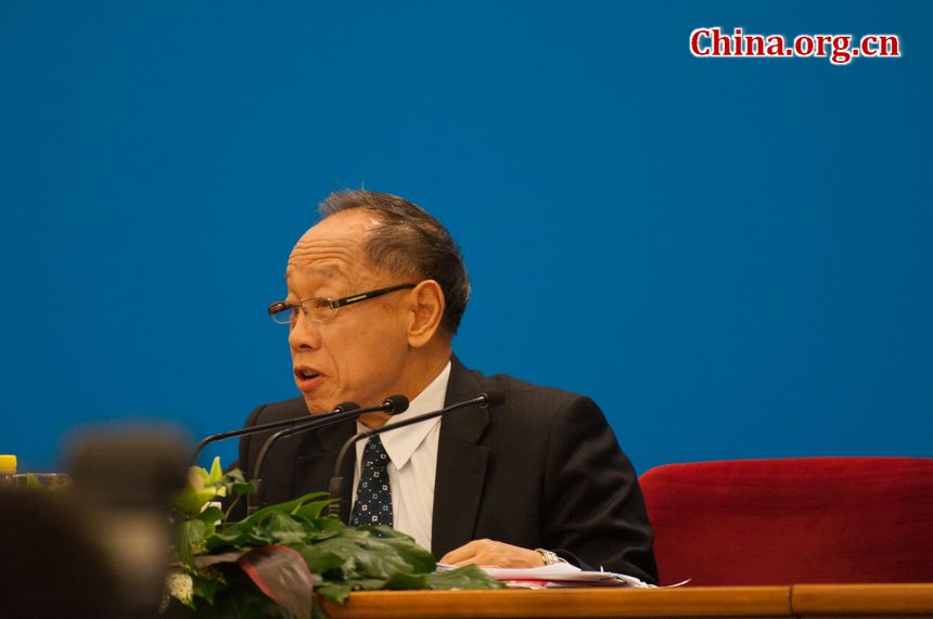 The Fifth Session of the 11th National People's Congress (NPC) holds a press conference Sunday in the Great Hall of the People on the schedule of the session and issues related to the work of the NPC ahead of the session's opening on March 5. Li Zhaoxing, spokesman for the Fifth Session of the 11th NPC, answers questions from journalists during the press conference. [China.org.cn]