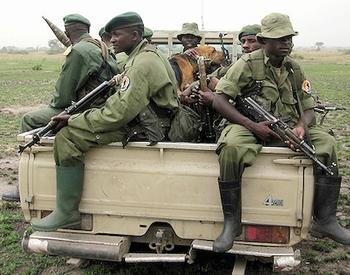 Virunga National Park rangers with a member of the new Congohounds team set out to battle elephant poachers. [Virunga National Park] 