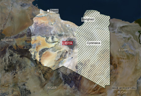 Cyrenaica, known as Barca in Arabic, stretches from the central coastal city of Sirte, the birthplace of Libya's former leader Muammar Gaddafi, to the Egyptian border. 