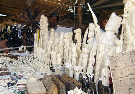 Polished, unworked elephant tusks, as well as carved products, are seen for sale in Benfica, Angola. [File photo] 