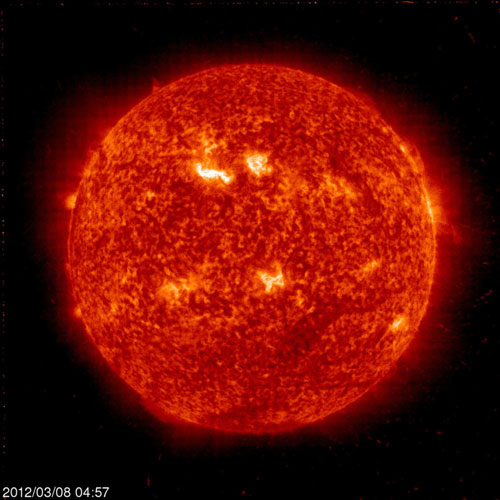 NASA handout image shows the Sun acquired by the Solar and Heliospheric Observatory on March 8, 2012. [NASA] 