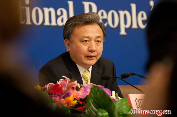 The Legislative Affairs Commission of the 11th National People's Congress holds a press conference in Beijing on March 8, 2012. The commission's Vice Director Lang Sheng answers questions concerning the amendments to China's Criminal Procedure Law. 
