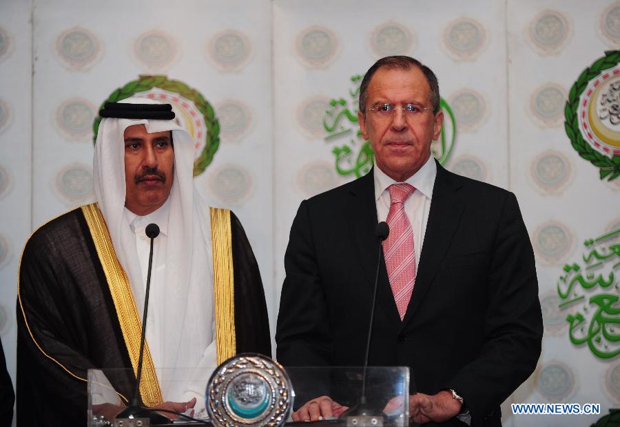 Qatar's Prime Minister and Head of the Arab League committee on Syria, Sheikh Hamad bin Jassem al-Thani (L) attends a press conference with Russian Foreign Minister Sergei Lavrov after meeting in Cairo, Egypt, March 10, 2012. Visiting Russian Foreign Minister Sergei Lavrov met Saturday with the Arab League (AL) foreign ministers and agreed on a formula of five points to resolve the year-long Syrian crisis. [Qin Haishi/Xinhua]